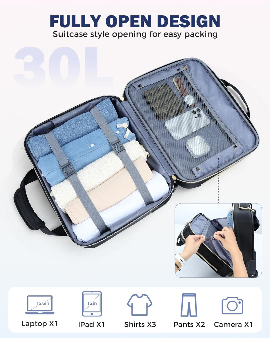 15,6" gördíthető laptop táska több rekesszel és repülésre engedélyezett mérettel