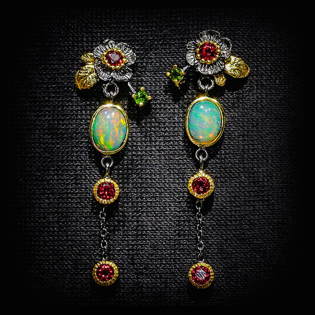 Boho Fülbevalók Opál és Piros Zirconia - Elara