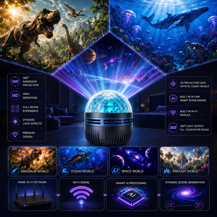Projektor a szoba közepén, felette dinoszaurusz, óceáni, űr és fantasy jelenetek, alatta Wi-Fi és mesterséges intelligencia ikonok. 6