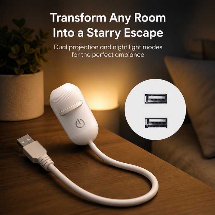 Fehér, kapszula alakú csillagvető és éjjeli fény USB-kábellel, meleg fénnyel és nagyított USB-aljzatokkal.