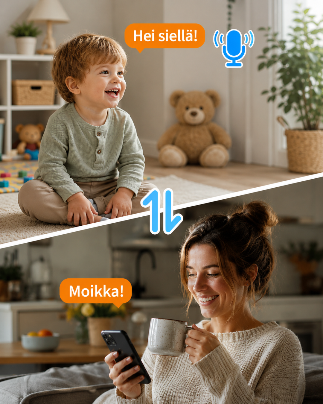 Kétirányú beszélgetés: fent mosolygó kisfiú játékmackóval a szobában, lent nő telefonnal és bögrével a kezében.