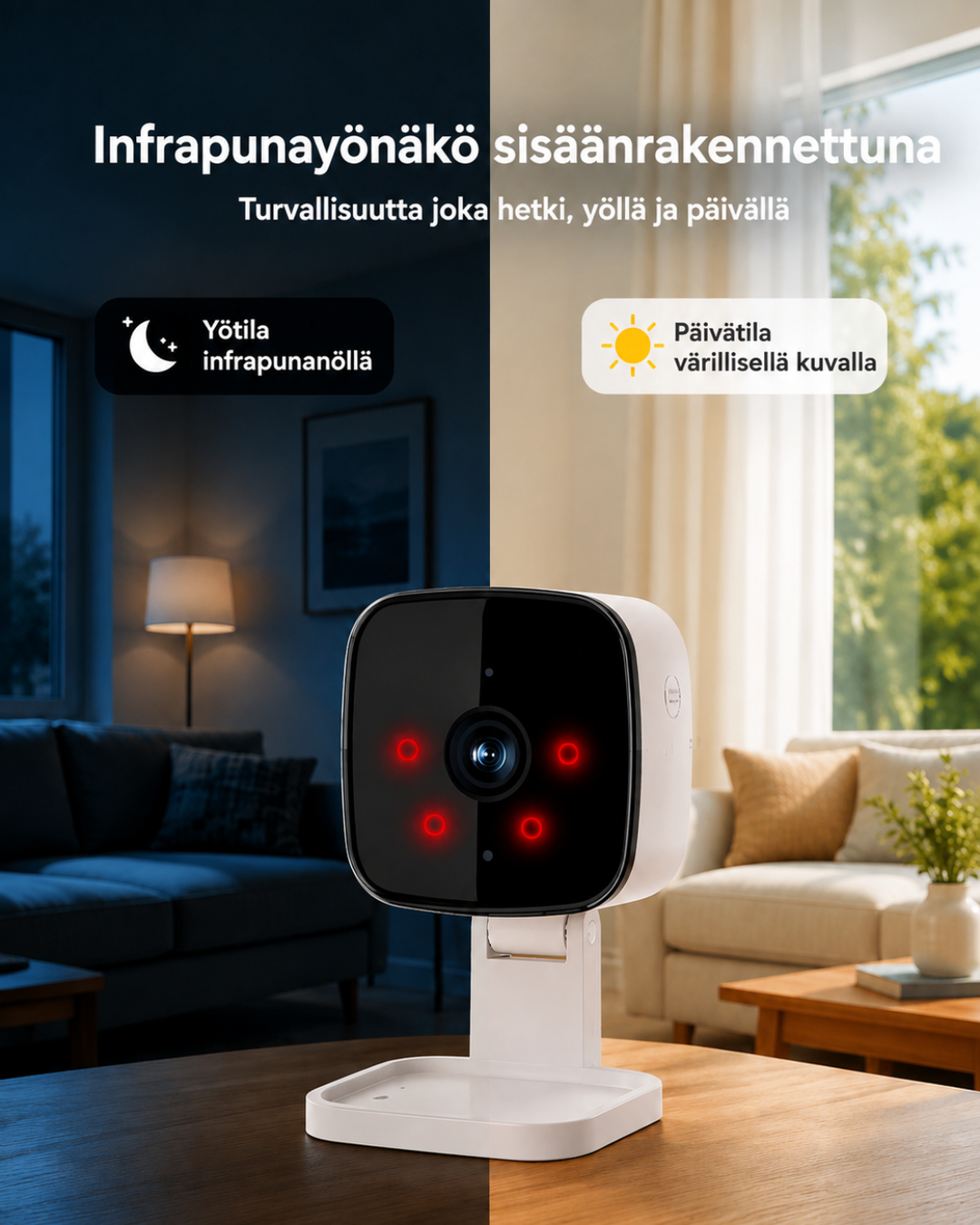A kamera elölnézetben, négy piros infravörös LED-del; a háttér bal fele éjszakai, jobb fele nappali szoba.