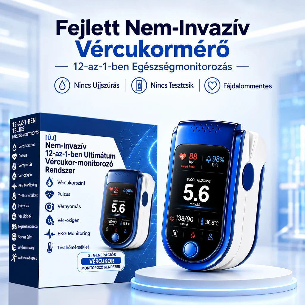 Kék-fehér nem invazív vércukormérő a dobozával együtt