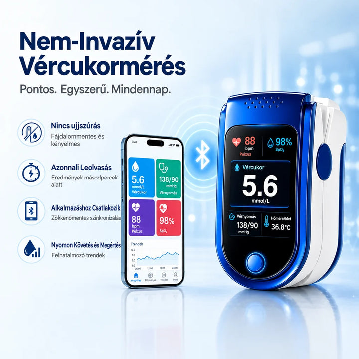 Kék-fehér nem invazív vércukormérő okostelefonnal és alkalmazással