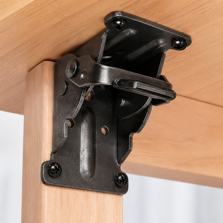 Fekete acél összecsukható konzol részlet, csavarokkal rögzítve fa asztalláb és asztallap alatt.