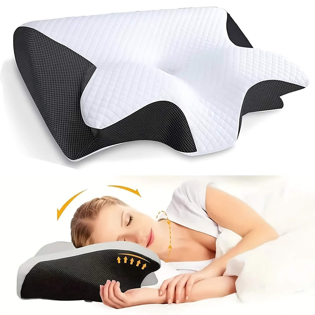 Orthopädisches Nackenstützkissen, ergonomisch, weiß-schwarz, für Seitenschläfer.