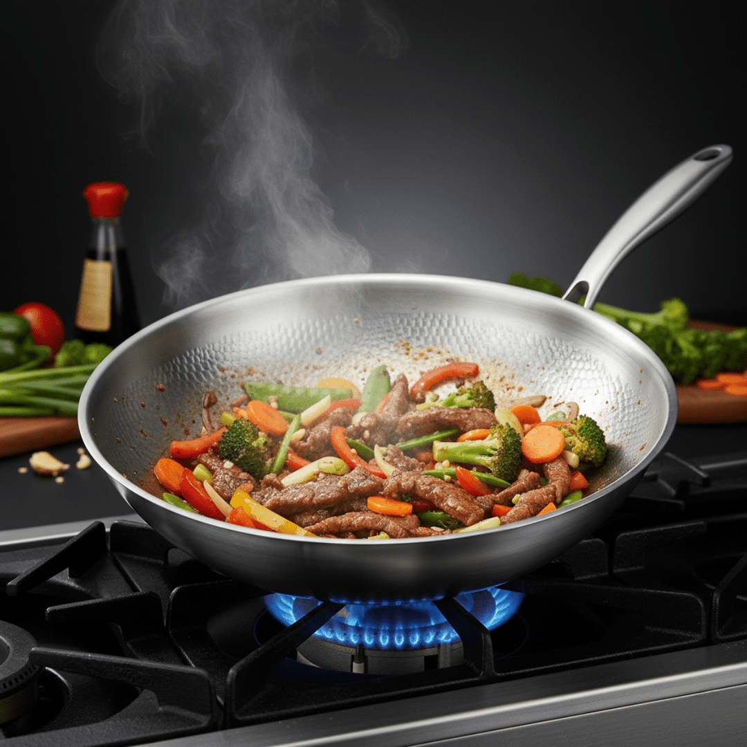 Kalapált titán lapos aljú wok serpenyőben sülő marhahús csíkok és színes zöldségek, gőzzel.