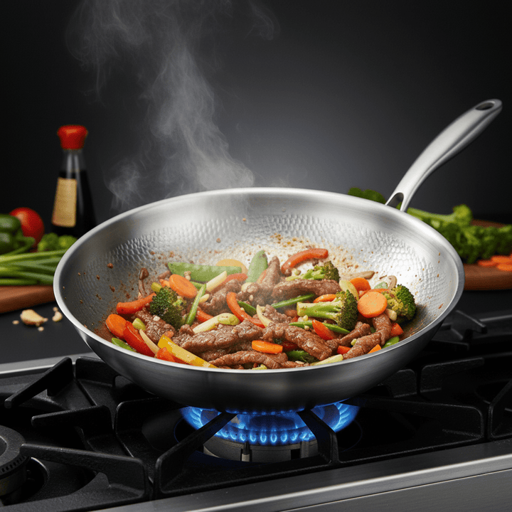 Kalapált titán lapos aljú wok serpenyőben sülő marhahús csíkok és színes zöldségek, gőzzel.