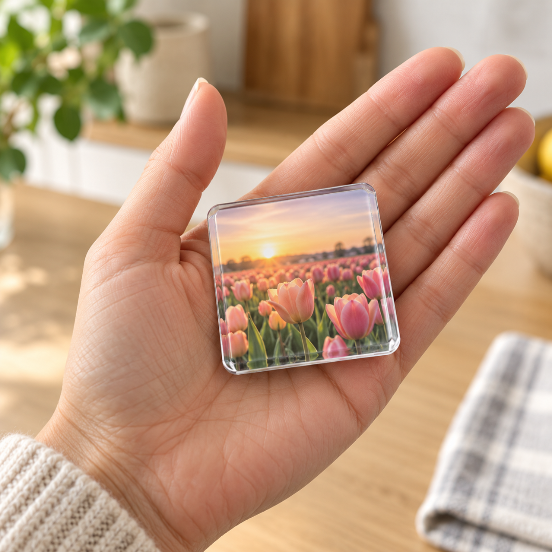 Tenyéren tartott négyzet alakú akrilmágnes naplementés tulipánmező képpel, a méretet szemléltetve 6