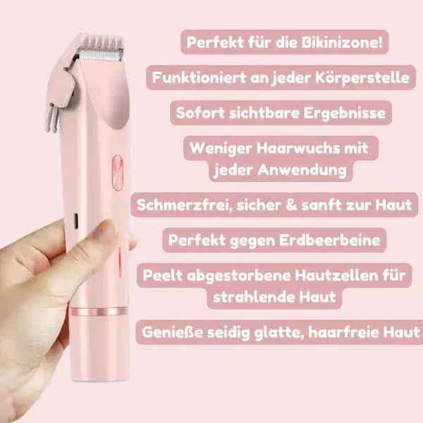 Egy kéz rózsaszín trimmert tart fésűs feltéttel, mellette a készülék előnyeit felsoroló rózsaszín feliratok láthatók.