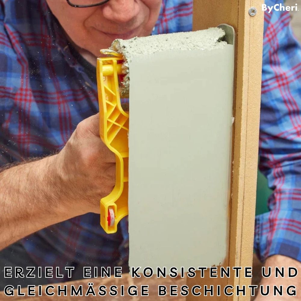 Egy kockás inges férfi a sárga eszközzel egyenletes világoszöld festéket visz fel egy fa ajtókeret élére. 9