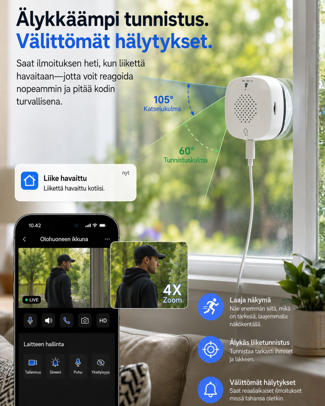 Az ablakon lévő kamera látószöge és érzékelési szöge ábrán, mellette telefonos értesítés és élő kép nagyítással egy férfiról.