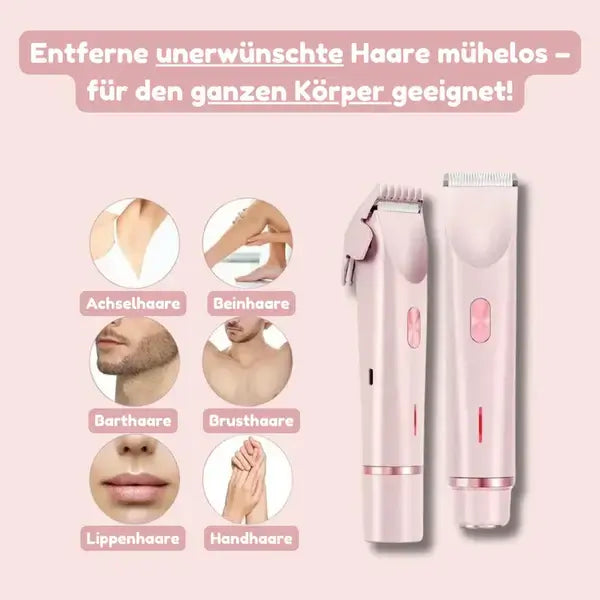 A trimmer fésűs és fésű nélküli változata rózsaszínben, körülötte kis képekkel a testrészekről: hónalj, láb, arc, mell, ajak és kéz.