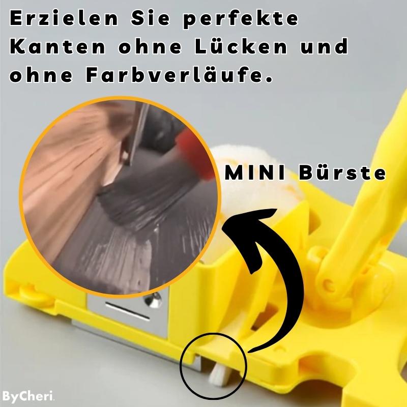 Közeli kép az eszköz aljáról, ahol egy apró fehér kefe áll ki; a kerek kinagyítás a festést mutatja fa lécnél. 3