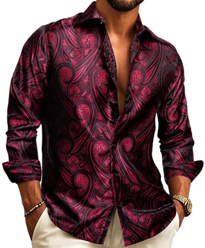 Bordó-fekete nagy paisley mintás jacquard ing modellen, kigombolt gallérral, krémszínű nadrággal és arany karórával.