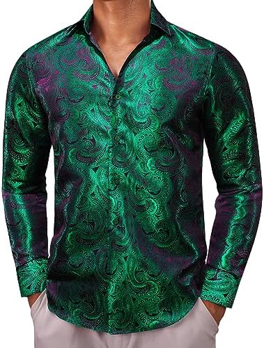 Zöld-lila hullámos paisley mintás, selyemfényű jacquard ing modellen, zárt gombolással és hosszú ujjal.