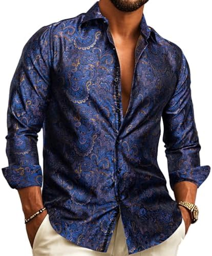 Kék alapon arany és barna paisley mintás jacquard ing modellen, hosszú ujjal és megkötött mandzsettával.
