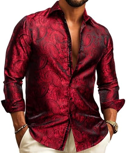 Piros-fekete paisley mintás jacquard ing modellen, kisebb cseppmintákkal, nyitott gallérral és hosszú ujjal.
