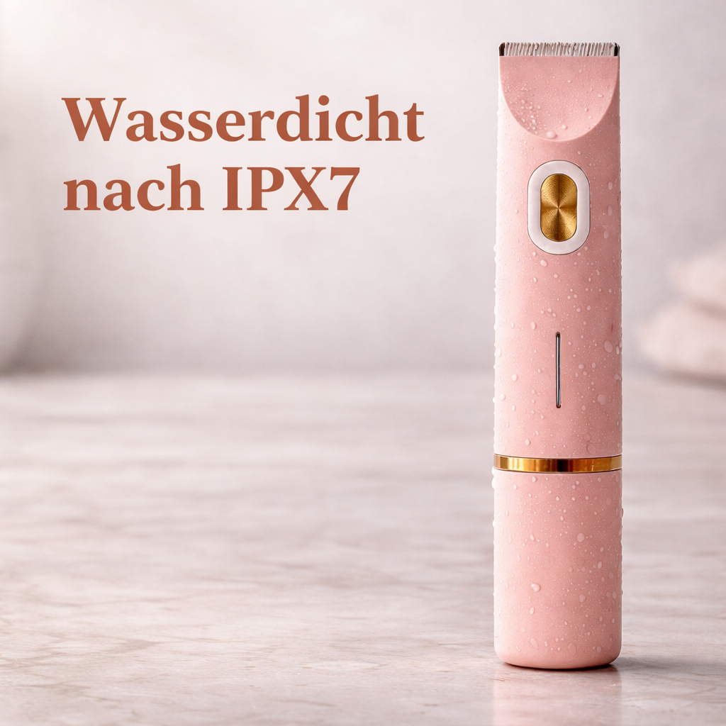Vízcseppekkel borított rózsaszín trimmer áll márvány felületen.
