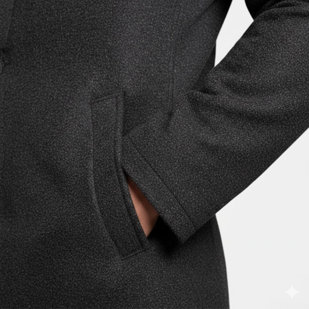 Részletfotó a kabát ferde oldalzsebéről, amelybe egy kéz belenyúl, látható a melírozott szövet textúrája 8