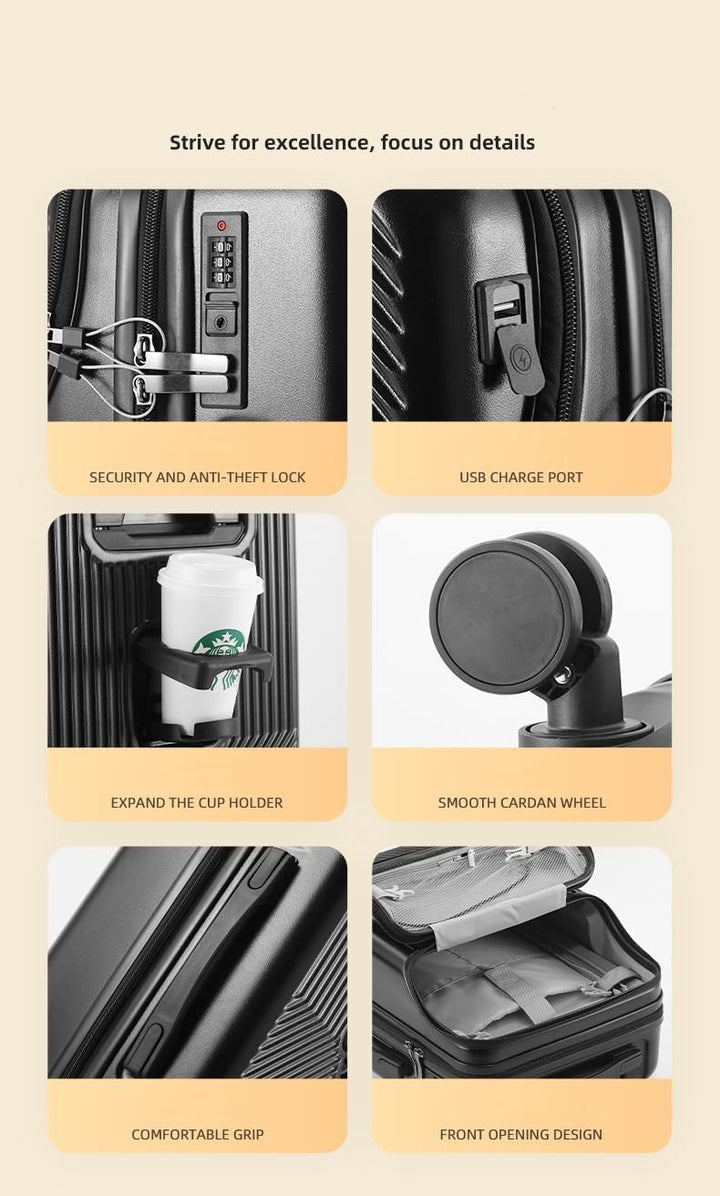 Kemény Héjú Kézipoggyász Pohártartóval, USB Porttal és TSA Zárral