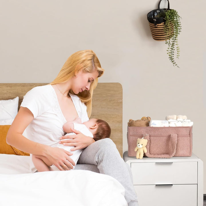 Baby Nappy Caddy Szervező – Plüss Sherpa Tároló Kosár Rekeszekkel – Elvoria