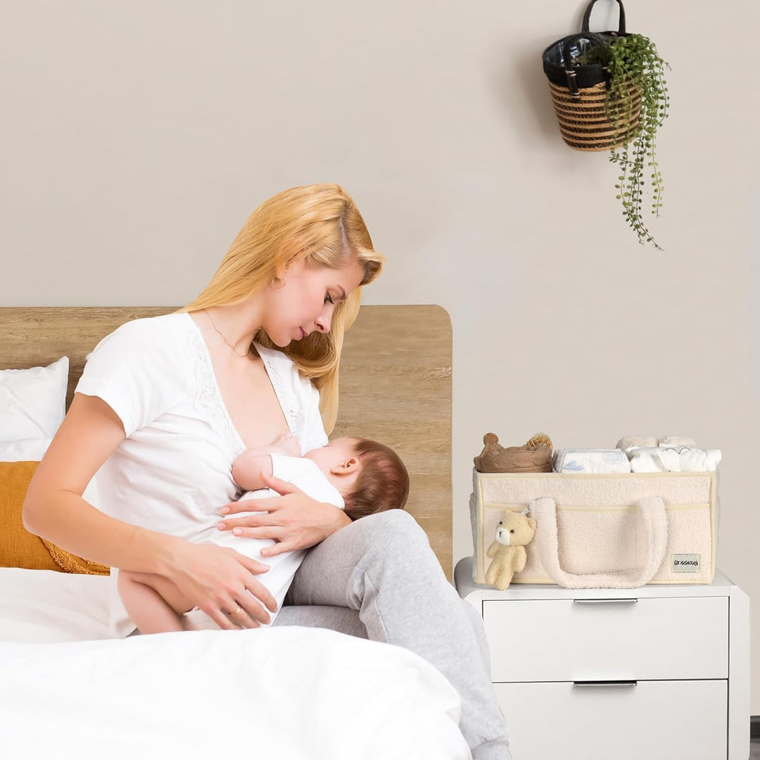 Baby Nappy Caddy Szervező – Plüss Sherpa Tároló Kosár Rekeszekkel – Elvoria