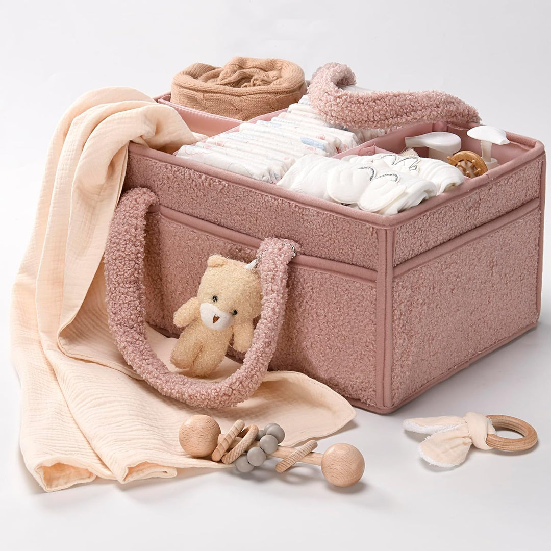Baby Nappy Caddy Szervező – Plüss Sherpa Tároló Kosár Rekeszekkel – Elvoria