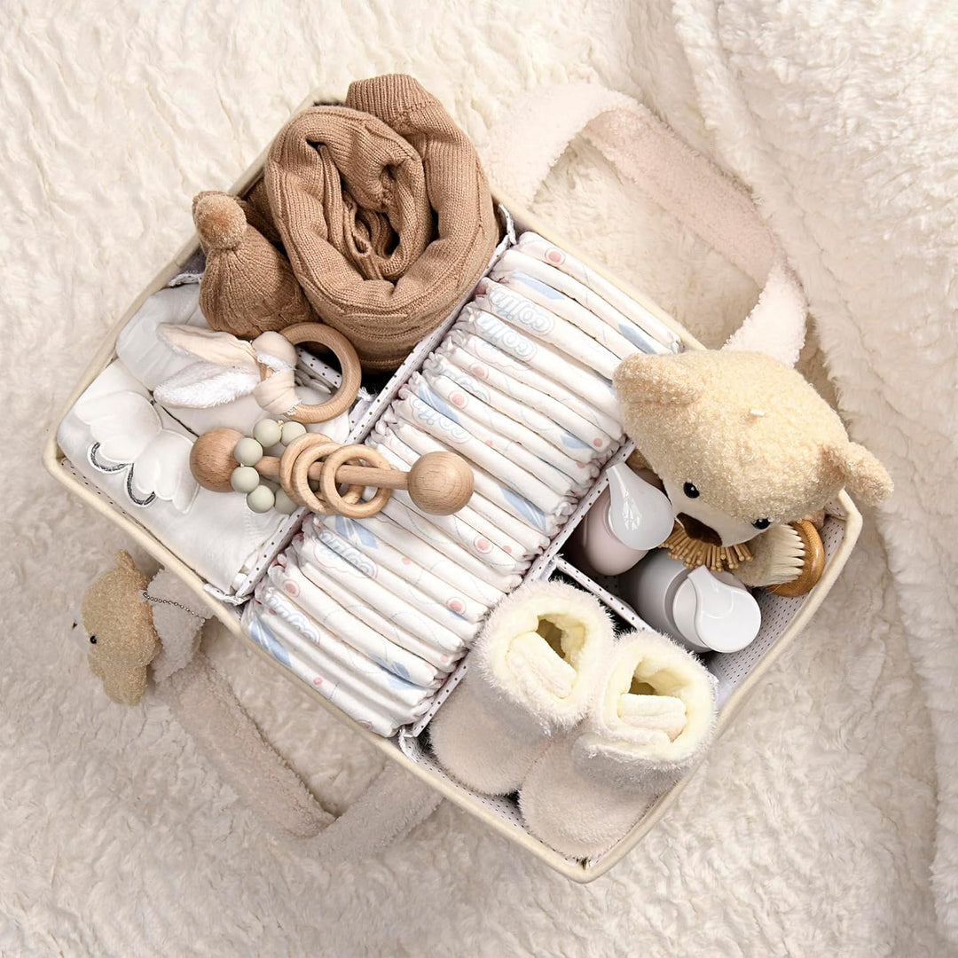 Baby Nappy Caddy Szervező – Plüss Sherpa Tároló Kosár Rekeszekkel – Elvoria