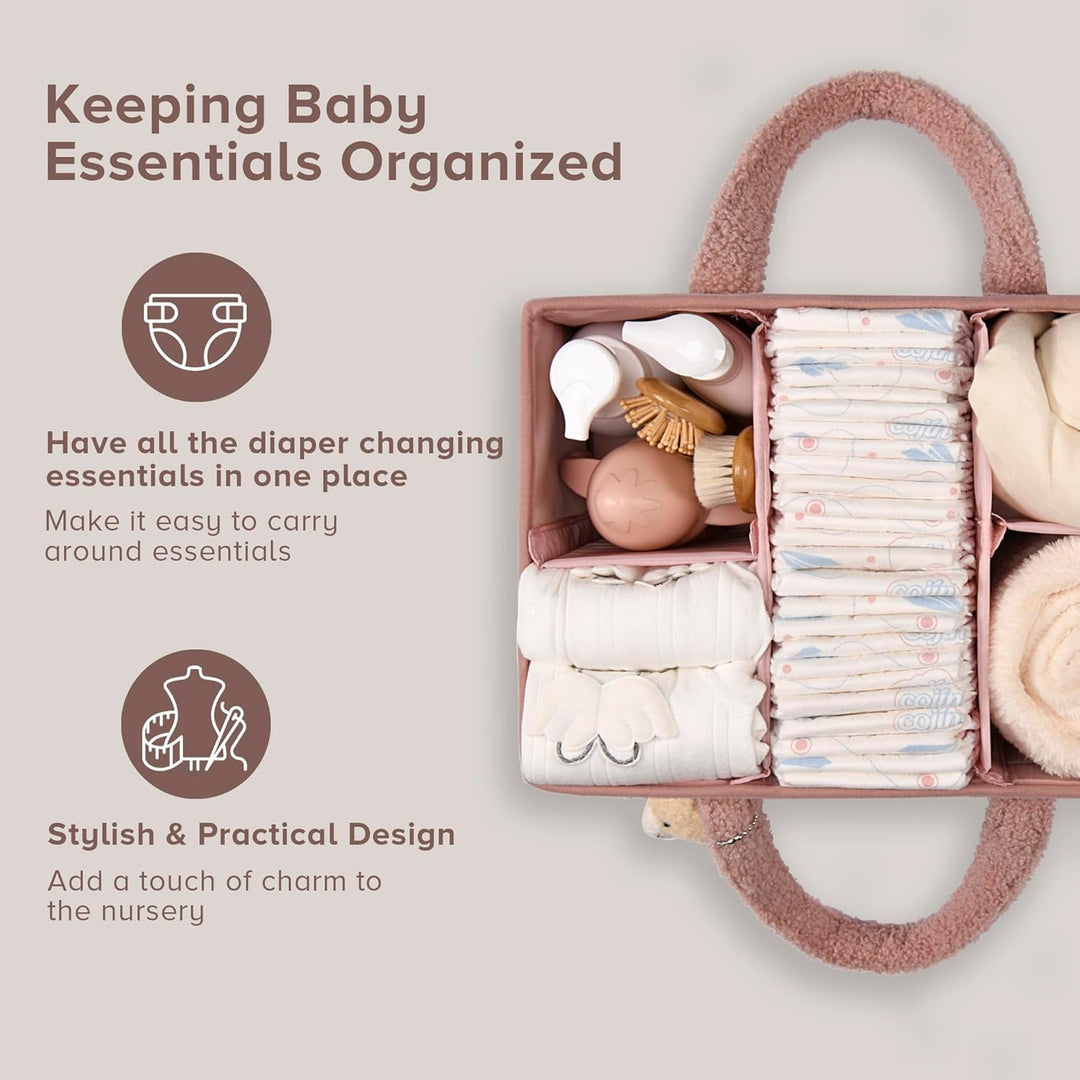 Baby Nappy Caddy Szervező – Plüss Sherpa Tároló Kosár Rekeszekkel – Elvoria