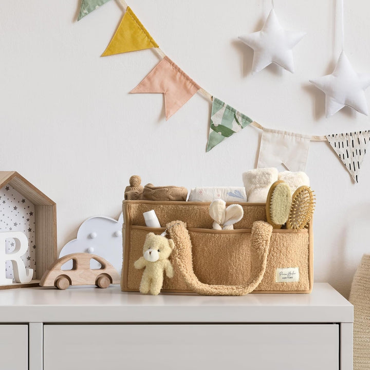 Baby Nappy Caddy Szervező – Plüss Sherpa Tároló Kosár Rekeszekkel – Elvoria