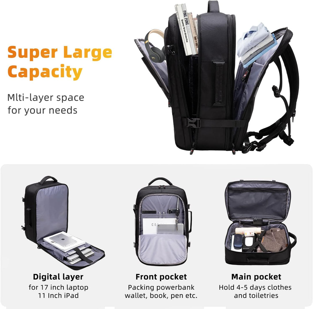 Bővíthető 45L–55L vízálló utazási hátizsák 18"-os laptop rekesszel