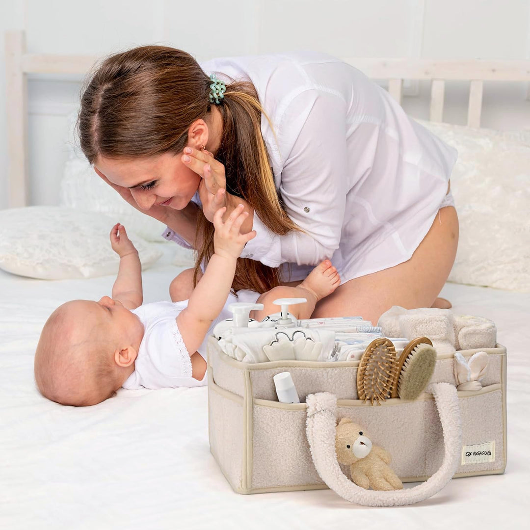 Baby Nappy Caddy Szervező – Plüss Sherpa Tároló Kosár Rekeszekkel – Elvoria