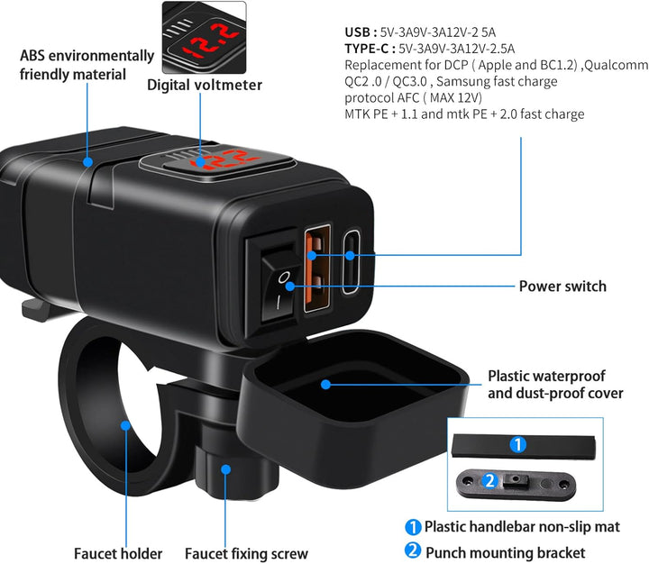 Motorkerékpár USB & Type-C Gyors Töltő Voltméterrel – Drayvik