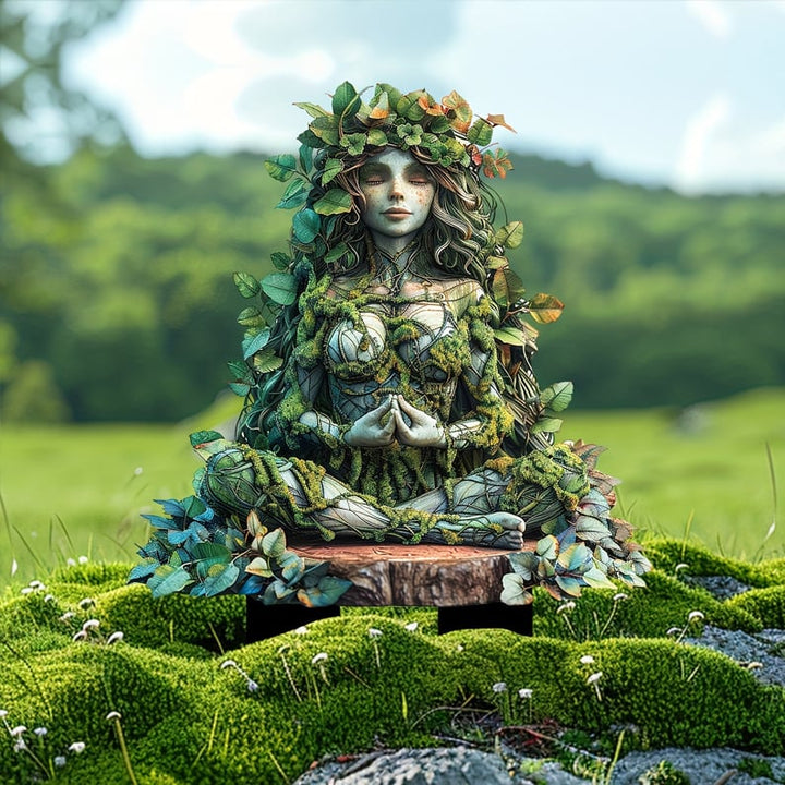 Meditáló erdei istennő alak levélkoronával és mohás ruhával, mohás réten.