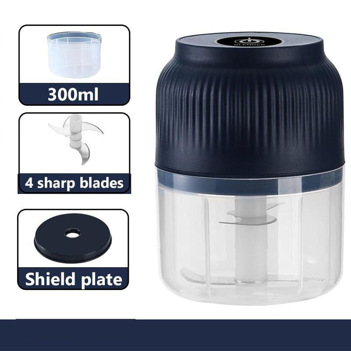 Mini ételaprító kék testtel, 300 ml-es tálal, négylapátos pengével és fedéllel.