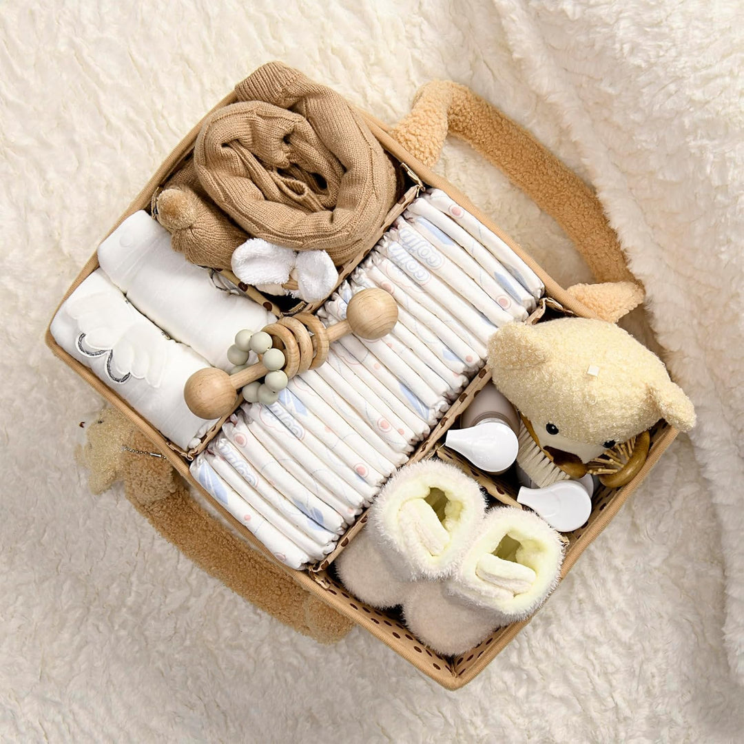 Baby Nappy Caddy Szervező – Plüss Sherpa Tároló Kosár Rekeszekkel – Elvoria
