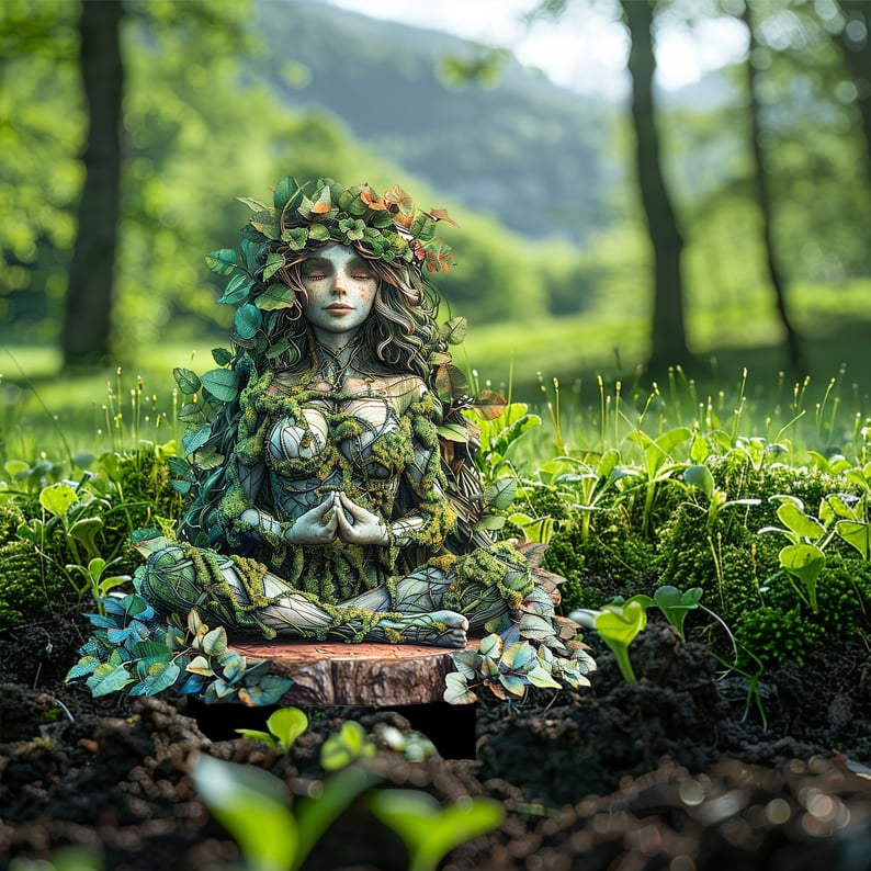 Meditáló, lombkoszorús nőalak alakú kerti dísz, mohával és levelekkel borítva, fakorongon ülve a zöld erdei fűben. 21