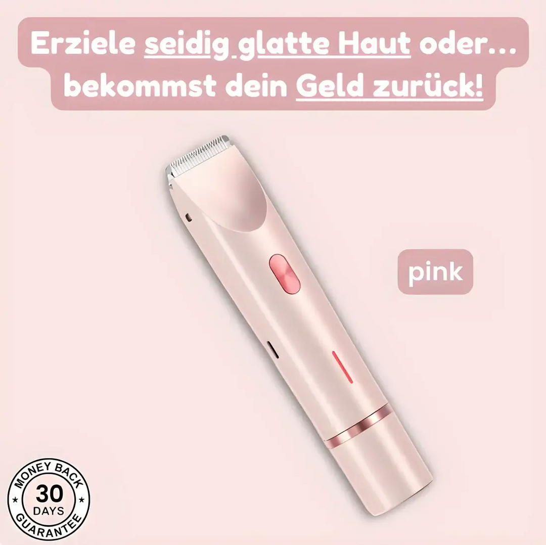 Rózsaszín, kézben tartható elektromos szőrtelenítő trimmer ferde nézetből, világos rózsaszín háttéren, kapcsológombbal és fémes vágófejjel.