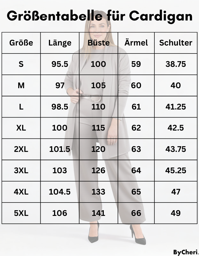 Mérettáblázat a kardiganhoz S-től 5XL-ig.