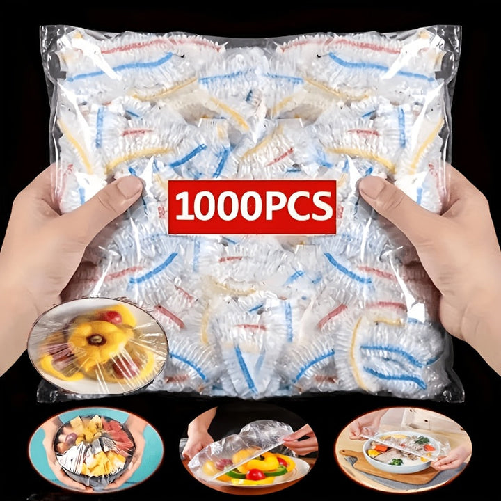 Két kéz tartja a nagy zacskót színes szegélyű eldobható fedelekkel, alatta kis képek a lefedett ételekről.