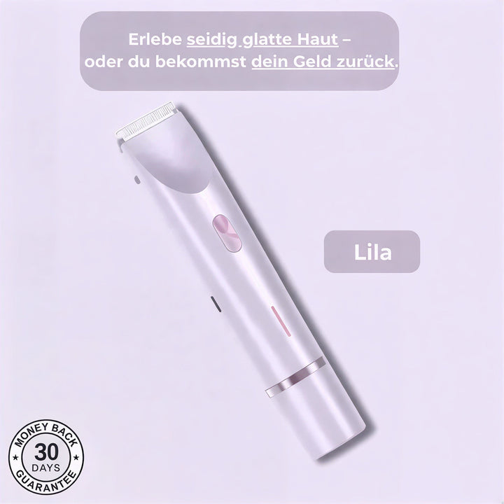 Lila árnyalatú elektromos szőrtelenítő trimmer ferde nézetből, halvány lila háttéren, rózsaszín kapcsológombbal és fehér vágófejjel.