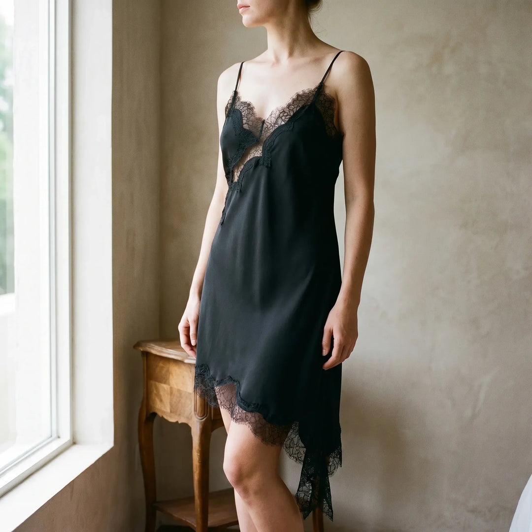 Asymmetric Lace Slip Dress -  Mable