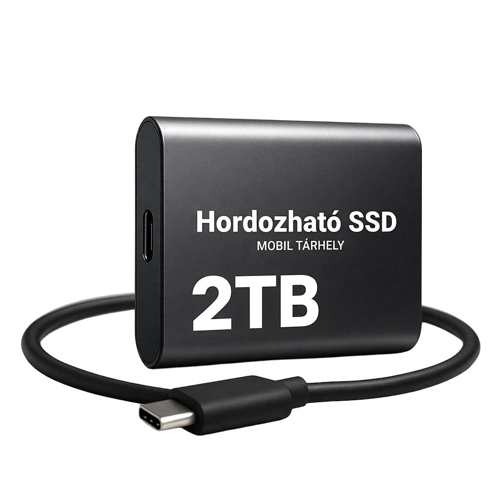 Fekete fém burkolatú külső SSD, mellette felcsavart fekete USB-C kábel fehér háttér előtt 1