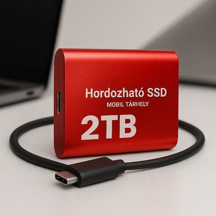 Piros színű külső SSD és USB-C kábel íróasztalon, mögötte elmosódott laptop 3