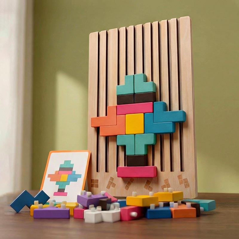 Fa Tetris puzzle játék álló fatáblán kirakott szimmetrikus színes mintával és feladatkártyával.