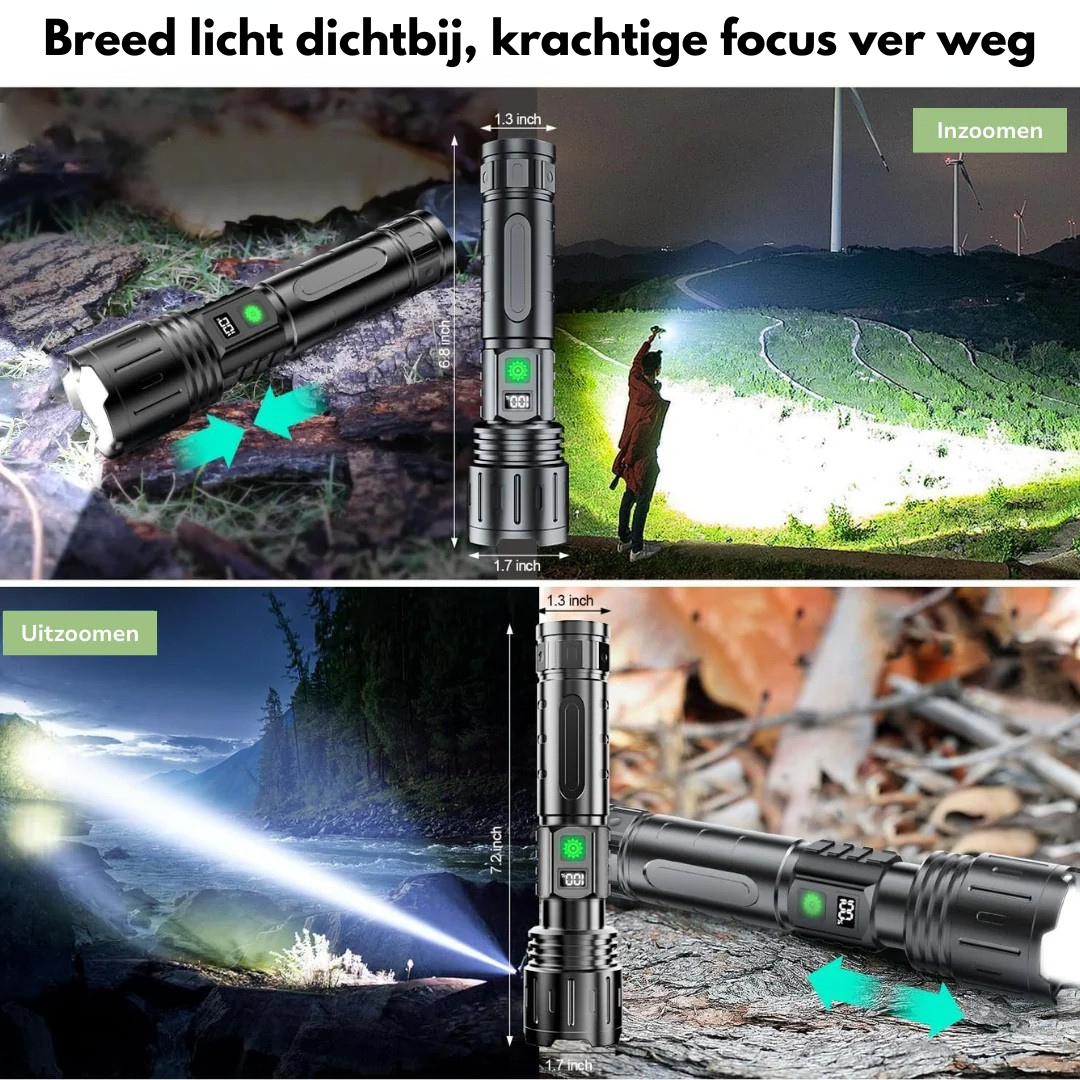 10,000 lumenes fekete zseblámpa zoom működését bemutató detail.