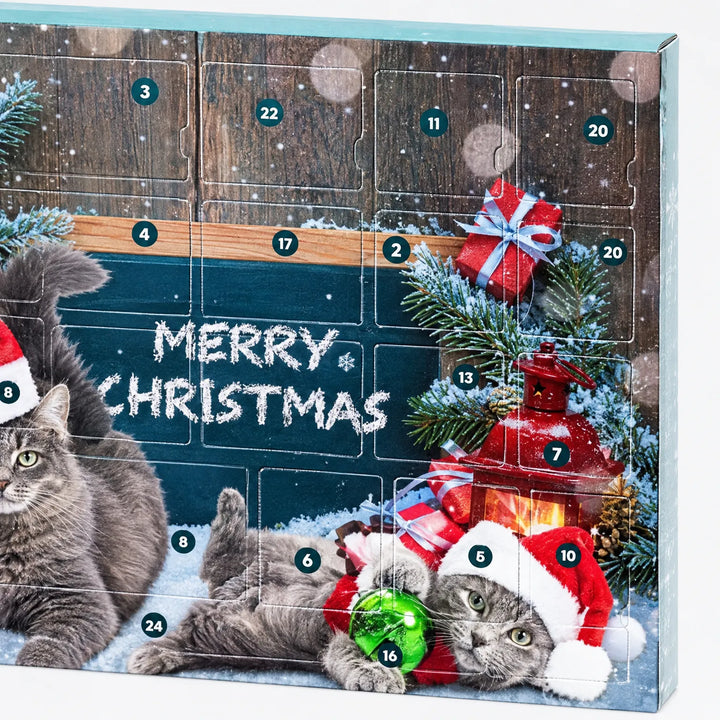 Közeli kép az adventi doboz elejéről, ahol a megszámozott kinyitható ablakok és a sapkás szürke macskák karácsonyi motívuma látszik. 3