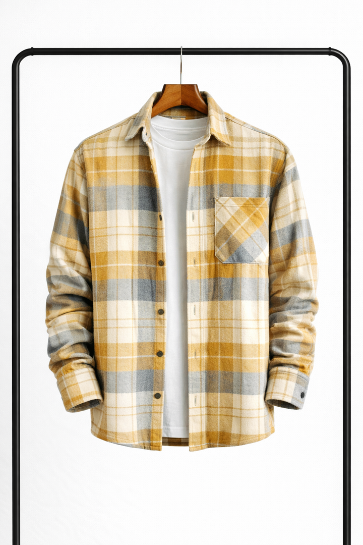 Sárga, krémszínű és szürke kockás overshirt elölről, nyitva fehér póló fölött, mellkasi zsebbel.