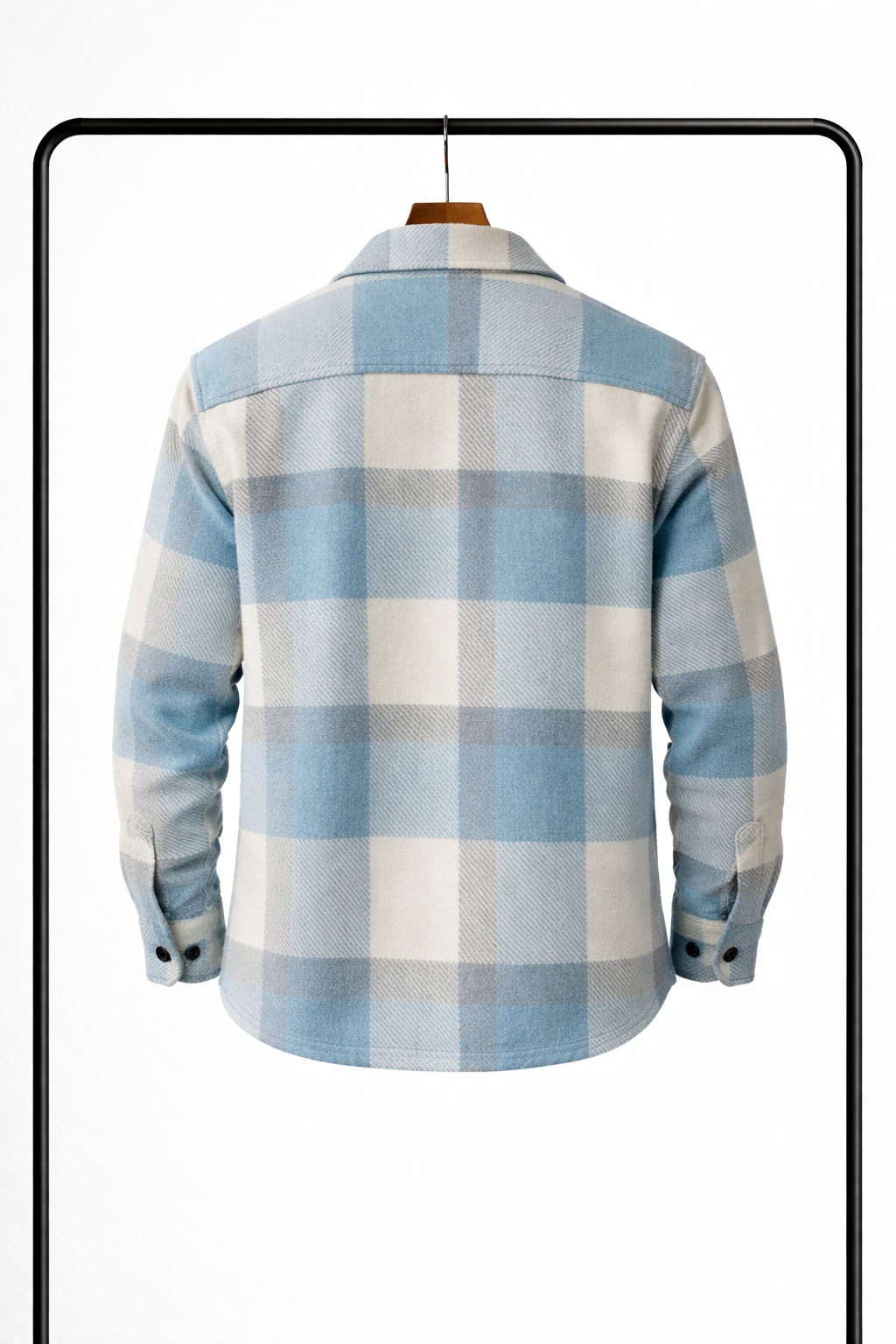 A világoskék, krémszínű és szürke kockás overshirt hátulról, a hátsó résszel és a gombos mandzsettával.